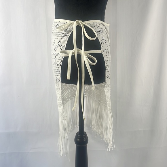 White fringe, crochet, bathing suit cover, 2 side ties, mesh design,Small - Picture 3 of 8